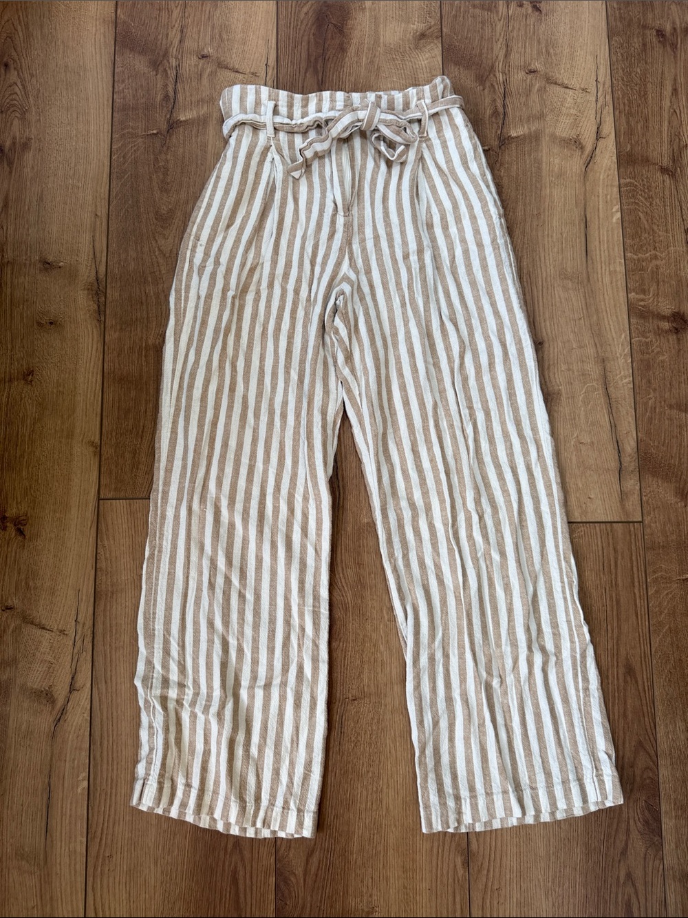Dynamite Stripe Paperbag Waist Linen Pants — Cream & Tan